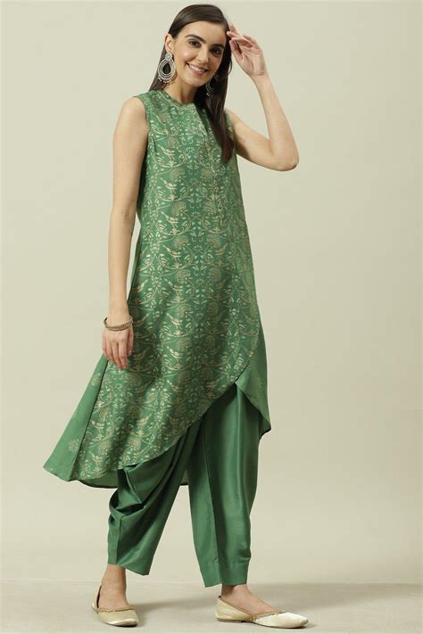 Green Printed Straight Kurta Dhoti Salwar Suit Set