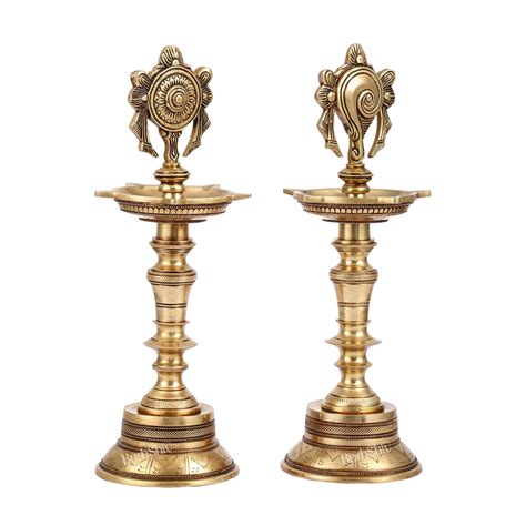 Brass 12-Inch Shankh and Chakra Oil Lamp Vilakku - Budhshiv.com