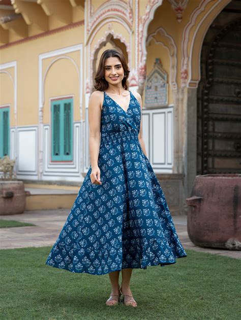 Divena Indigo Blue Floral Print Pure Cotton Fit & Flare Dress – divena ...