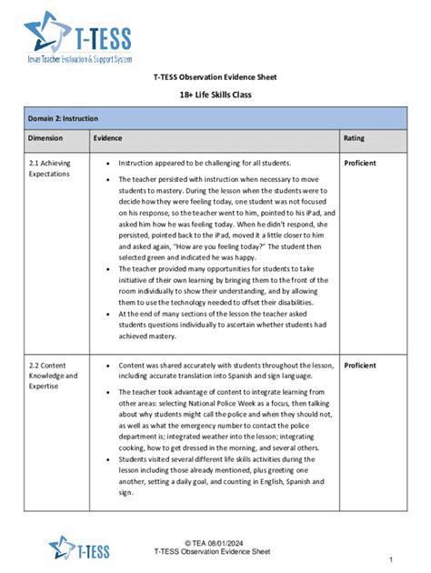 Fillable Online T-tess Observation Evidence Sheet for 18+ Life Skills ...