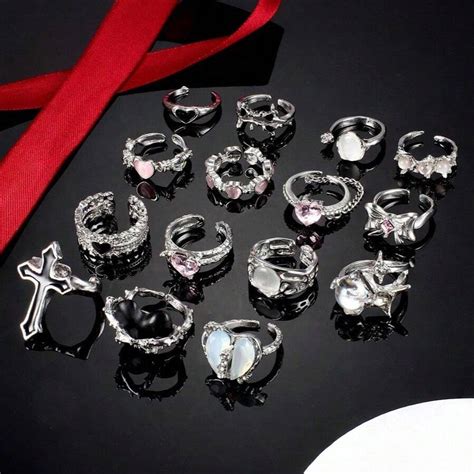 15 Retro Gothic Rings In Black And Pink - Irregular Opening Rings ...