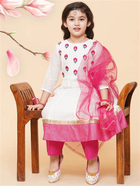 Shop Bitiya By Bhama Girls White Embroidered Anarkali Kurta With ...