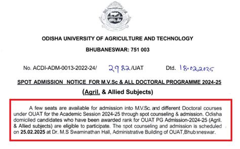 OUAT Announces Spot Admission Schedule for MVSc and PhD Admission ...