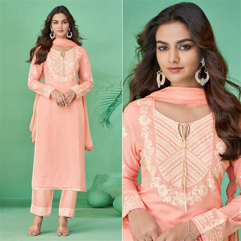 Peach Lucknowi Embroidered Rayon Kurti Pant Set With Dupatta
