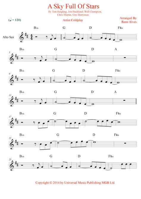 A Sky Full Of Stars (arr. Rene Alves) by Coldplay Sheet Music for Alto Sax Solo at Sheet Music ...