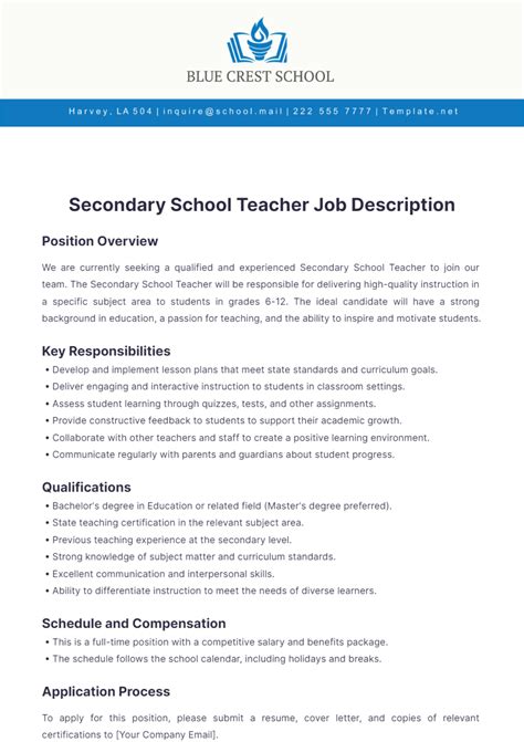 Free Secondary School Teacher Job Description Template to Edit Online