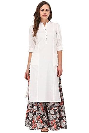 Pistaa's women's White Solid Cotton Kurta with two patch pockets ...
