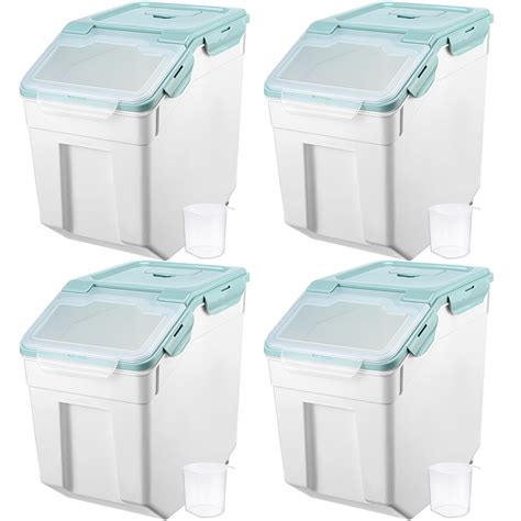 Sunnyray 4 Pcs 55 lbs Grain Rice Storage Container Blue Flour Bin with Wheels Cup Leak Proof Pet ...