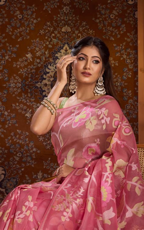 Peach Pink Real Zari Banarasi Kora Saree With Jamdani Weaves – Man ...