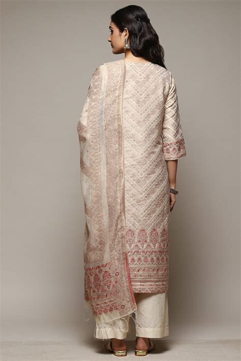 Beige Cotton Blend Straight Kurta Suit Set