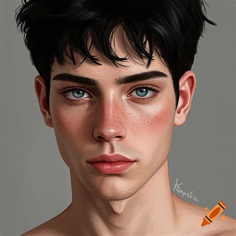 A young person with dark hair, blue eyes, and freckles looking at the ...