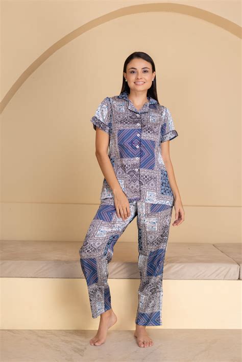 Buy Blue Printed Satin Collar Night Suit Set By Private Lives