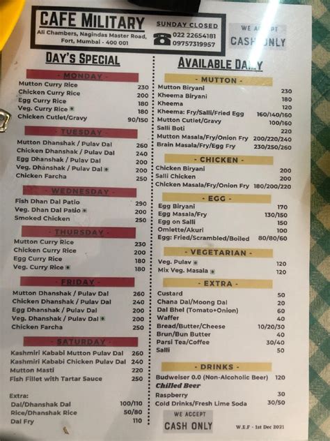 Menu at Cafe Military, Mumbai