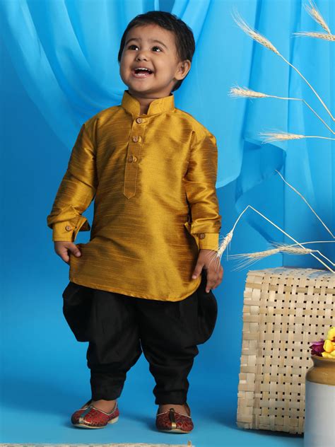 Baby Boys Kurta Dhoti Set in Mustard Black | VASTRAMAY – vastramay