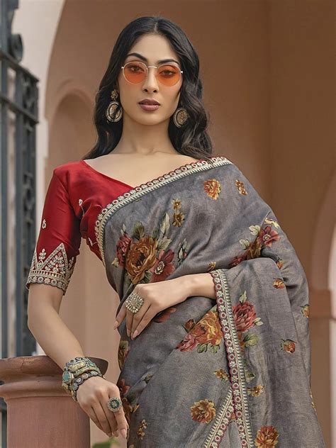 Shop Artistic Grey Silk Flower Printed Casual Wear Saree From Ethnic Plus