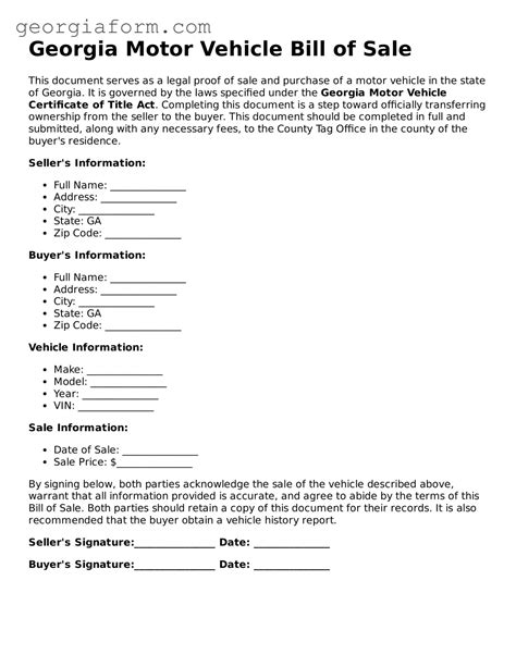 Free Georgia Motor Vehicle Bill of Sale Template Fillable Form