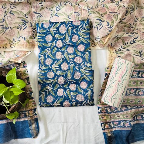 Maheswari-Silk Blue FlowerJaal Top And Cotton Bottom And Chanderi Silk ...