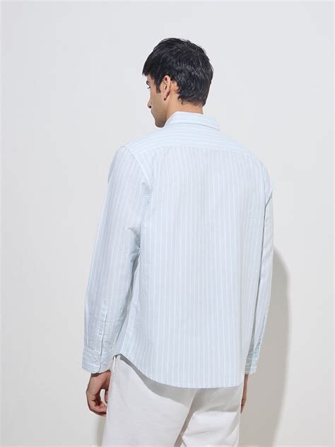 Buy WES Casuals Light Blue Stripe Patterned Relaxed-Fit Cotton Shirt ...