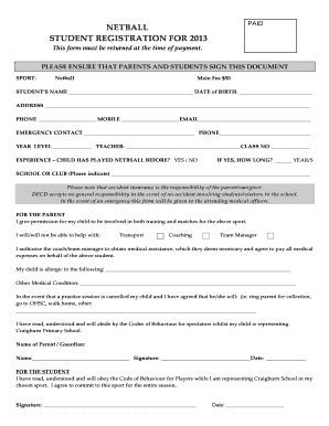 Fillable Online craigburn sa edu NETBALL PAID ...