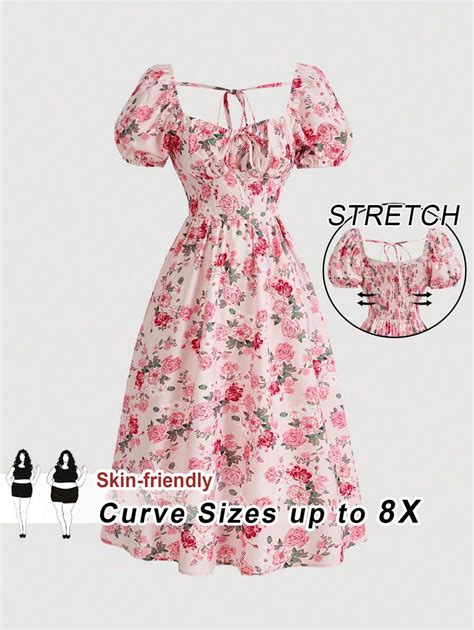 SHEIN CURVE+ Plus Size Women's Summer Floral Print Bubble Sleeve ...