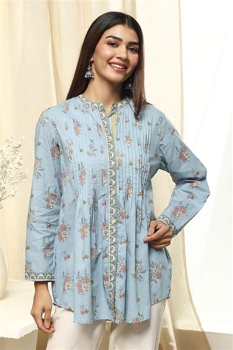 Dull Blue Floral Cotton Shirt-Style Short Kurta Short Kurta at Biba Global