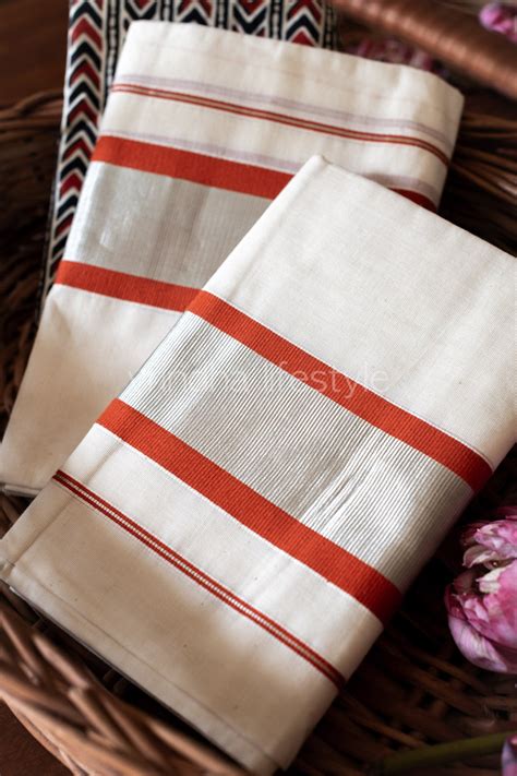 Kerala Set Mundu-Rust orange and silver – Vrindha Lifestyle