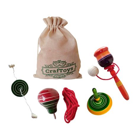 Buy CrafToys Wooden Indian Toy Set for Kids Spinning Top with Thread ...