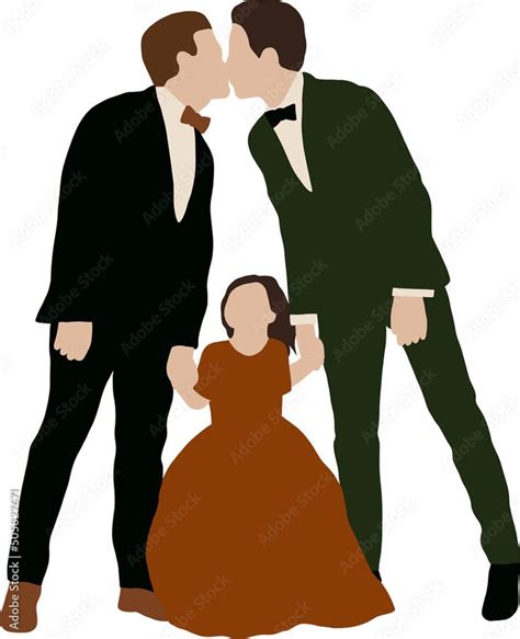 Two guys in suits kiss and hold hands with their daughter in a dress ...