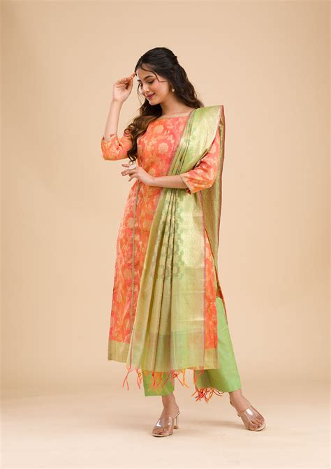 Buy Orange Banarasi Cotton Readymade Salwar Suit - Koskii