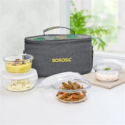 Buy Borosil Foodluck Olive Fusion Lunchbox | 4pc Round (240ml x 2 ...