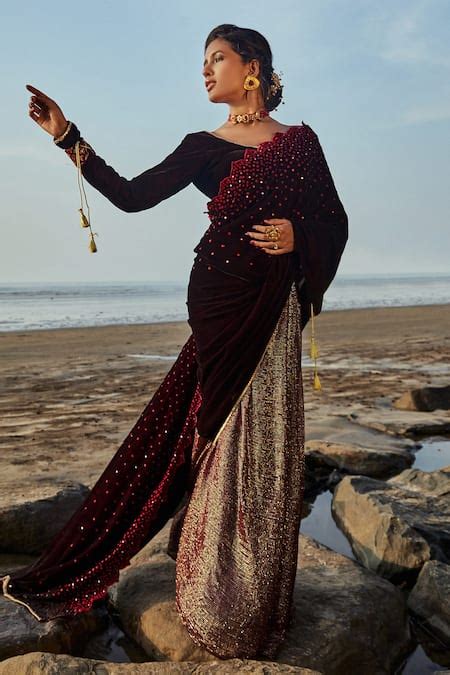 Buy Wine Velvet, Georgette Sequins, Embroidery V-neck Pre- Draped Saree ...