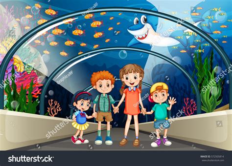 Children Visiting Aquarium Full Fish Illustration Stock Vector (Royalty ...