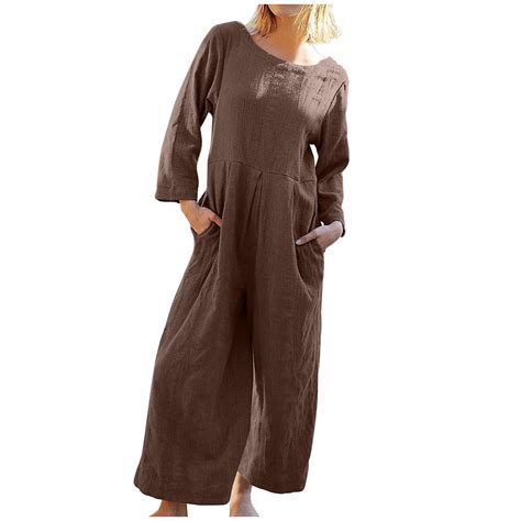 Linen Jumpsuit for Women Elegant Long Sleeve Romper Wide Leg High Waist ...