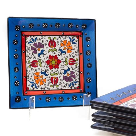 Tianzhu (India) Dendritic Sqaure 8 Inch Plate (Red & Blue) (Pack of 6 ...