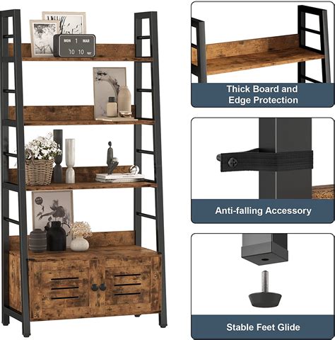 Buy IRONCK Bookshelf with Louvered Doors, 4-Tier Ladder Shelf for ...
