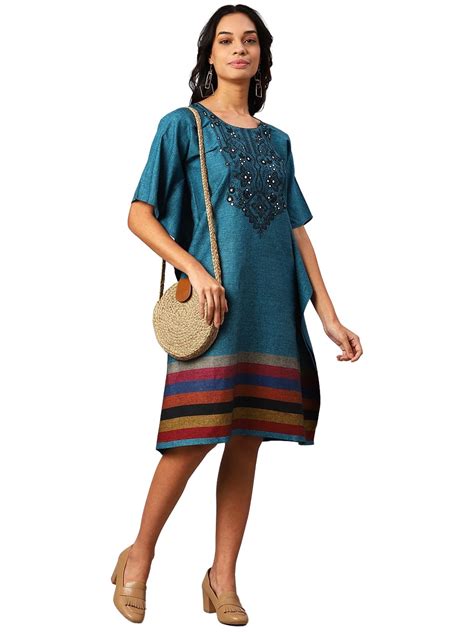 Buy Cottinfab Women Blue Ethnic Motifs Embroidered Kaftan Dress Midi at ...