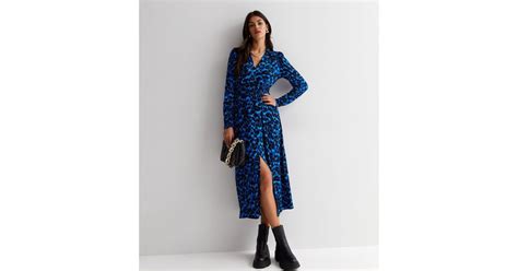Blue Animal Print Shirred Waist Midi Dress | New Look