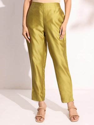 Buy Fabindia Women Gold Solid Mid-Rise Elasticated Pant (28) Online
