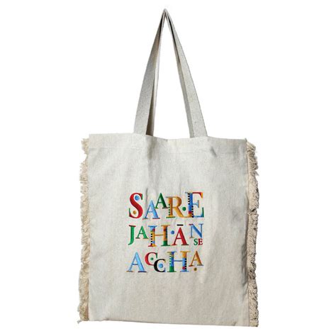 Buy Maatir India Slogan Embroidered Fringe Canvas Tote Bag for Women Online