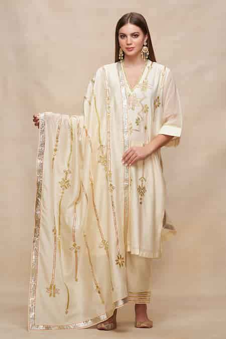 Buy Off White Chanderi Embroidered Gota And Thread Work & Dupatta For ...