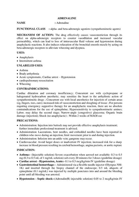 Adrenaline - ADRENALINE NAME : Adrenaline FUNCTIONAL CLASS : alpha- and ...