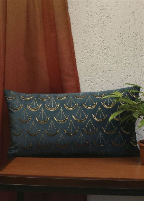 Get Velvet Green & Gold Hand Embroidered Cushion Cover (12 x 22 inches ...
