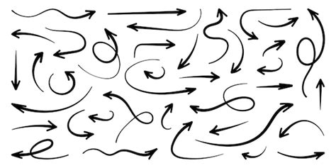 Squiggly black arrow set doodle movement spiral lines pencil brush ...