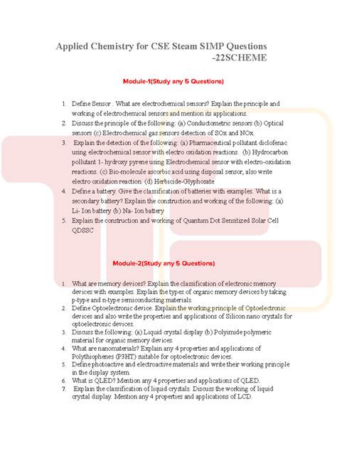 Applied Chemistry for CSE - Important SIMP Questions and Topics - Studocu