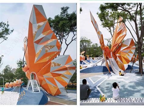银川大型社区广场 不锈钢彩绘滑梯雕塑 蝴蝶造型雕塑摆件