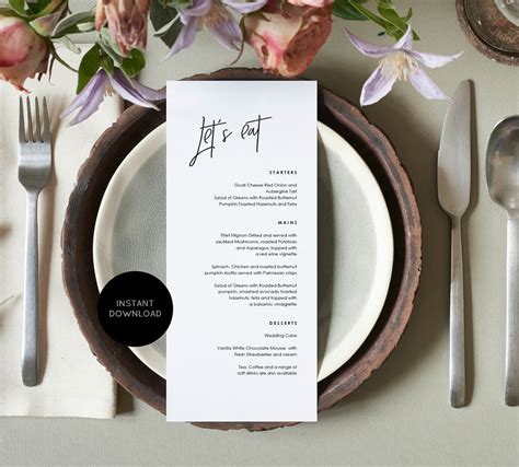 Wedding Menu Template Size