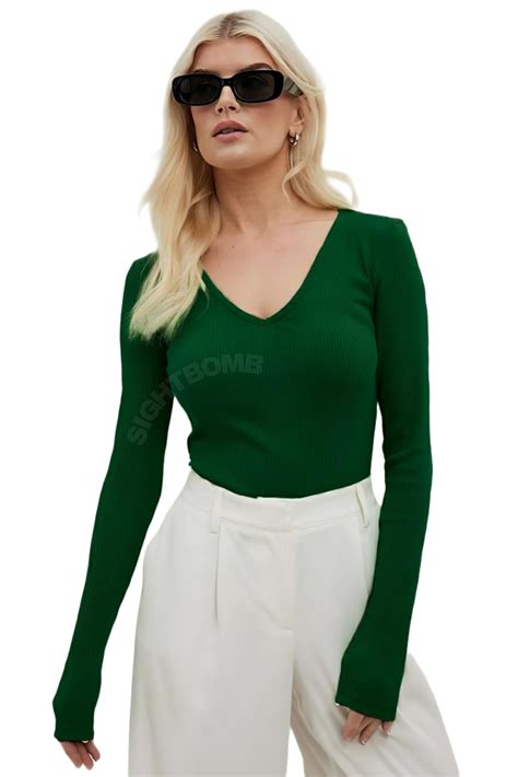 SIGHTBOMB V Neck Extended Sleeves Cotton Ribbed Regular Fit Tops For ...