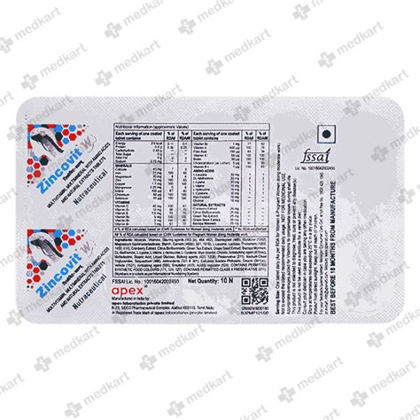 ZINCOVIT W TABLET 10'S : View Price, Combination and Alternatives | Medkart