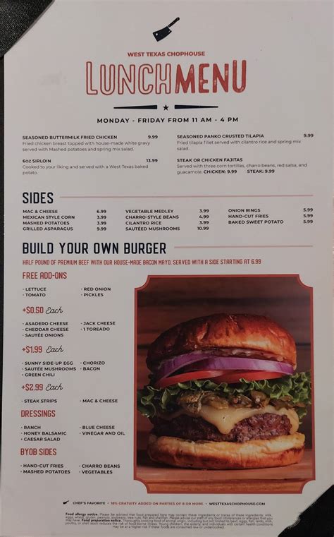 Menu at West Texas Chophouse steakhouse, El Paso