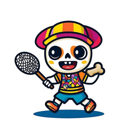 Cute cartoon skeleton playing with a net | Premium AI-generated image
